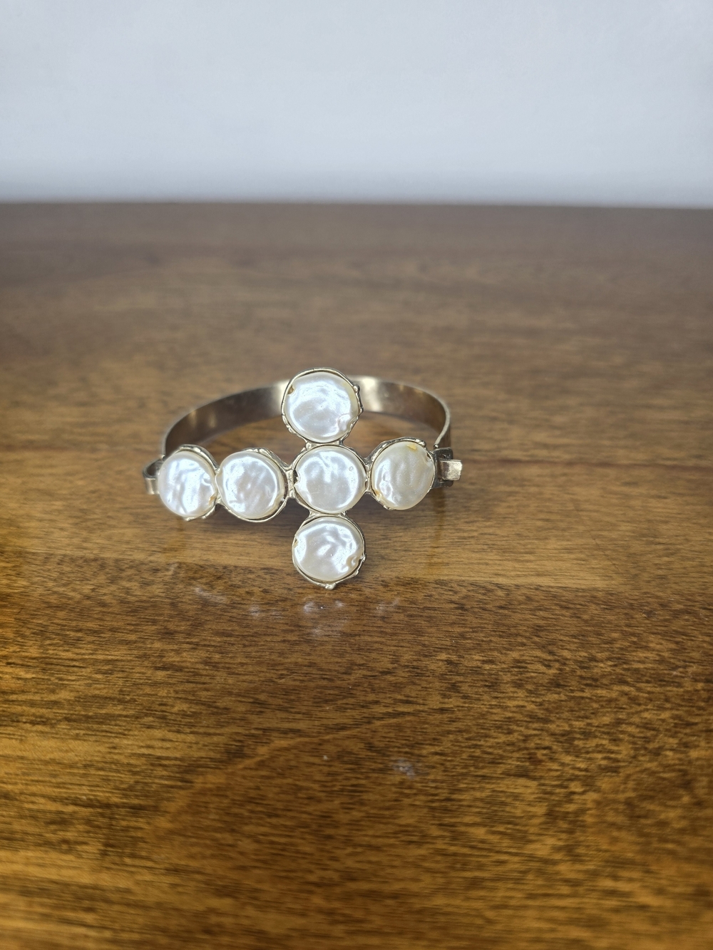 Gold Cuff Bracelet with White Pearl Discs - Women Jewelry